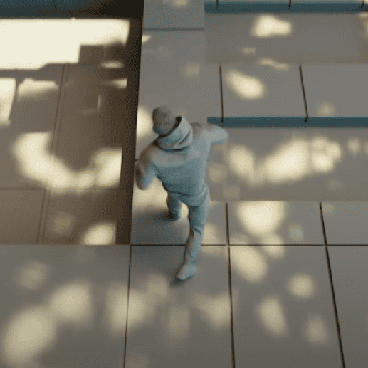 Avatar 3D di Salmo che corre su una piattaforma geometrica