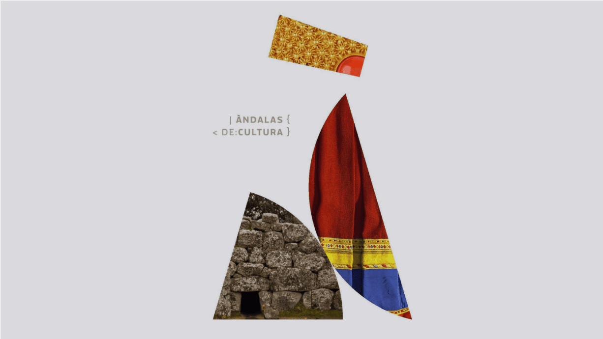 Àndalas de Cultura logo featuring cultural elements like a Nuraghe, traditional Sardinian textiles, and decorative patterns.